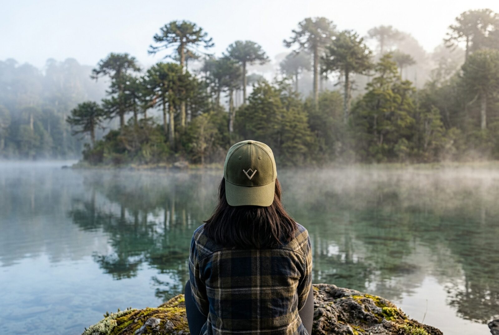 Jockey Volkarra junto a una laguna entre araucarias