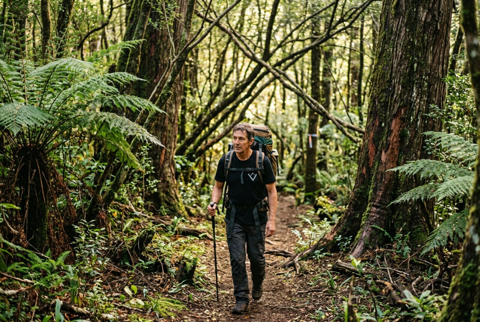 Polera Volkarra en un sendero de bosque nativo